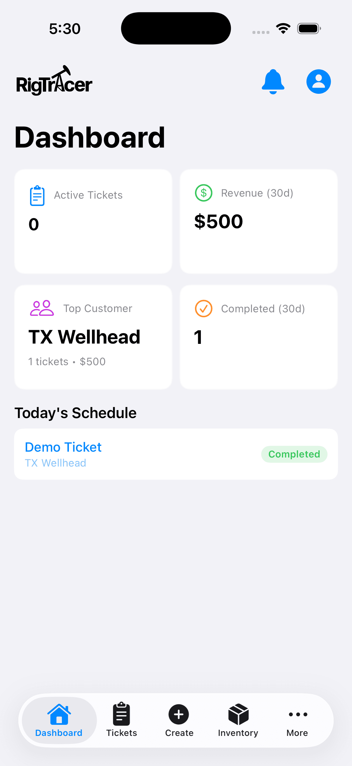 RigTracer mobile app dashboard showing active tickets, completed work, and today's schedule