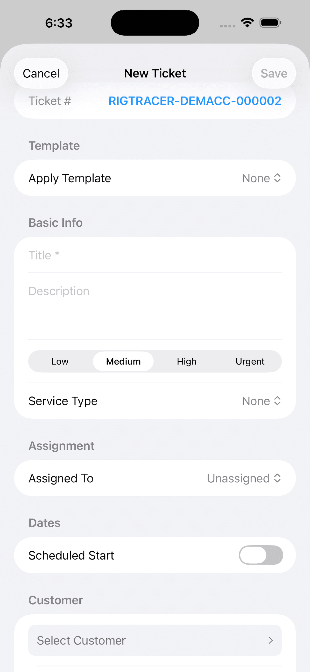 RigTracer mobile app new-ticket form for recording customer and field service job details
