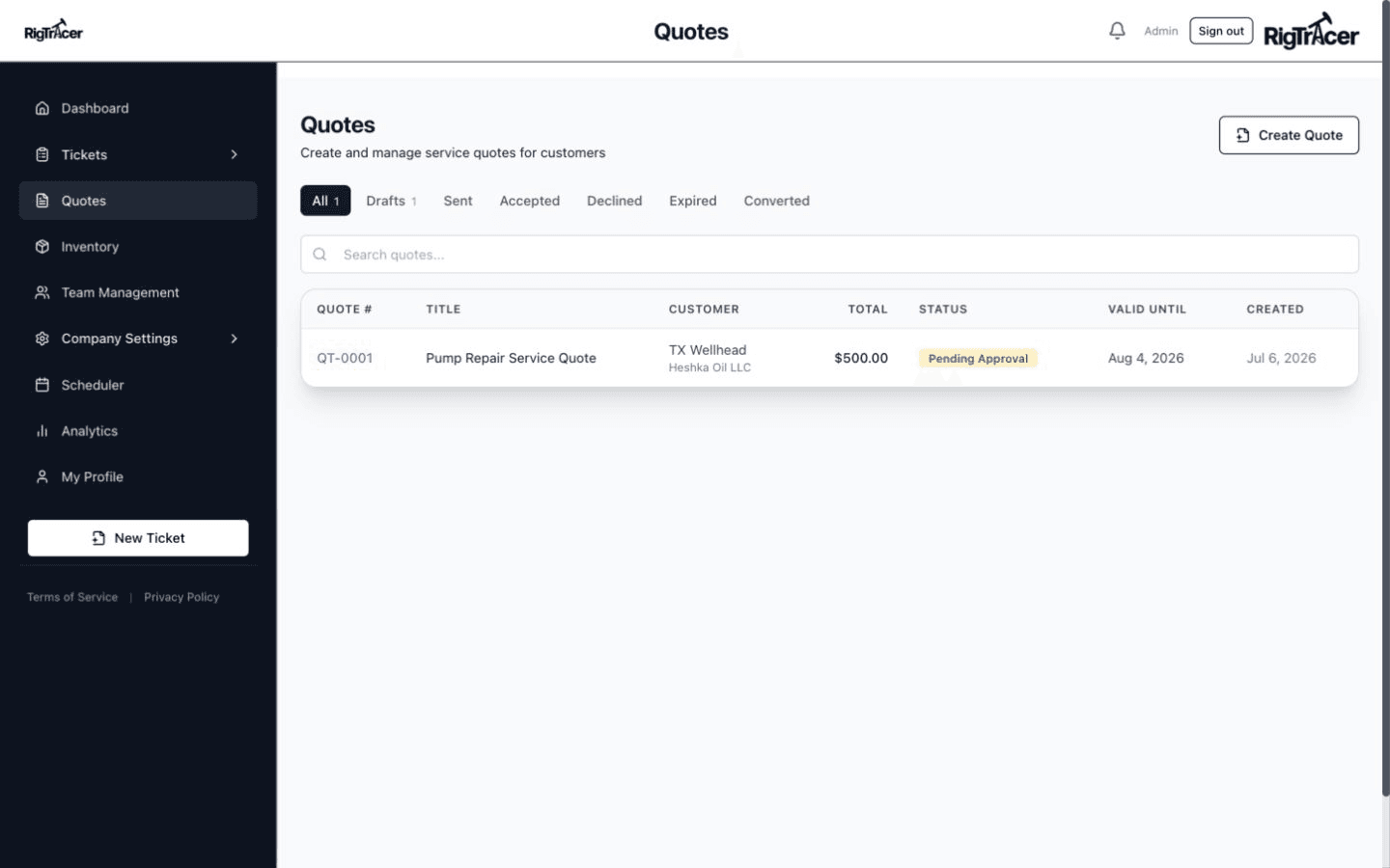 RigTracer web app Quotes workspace with status filters, customer records, quote values, and creation controls
