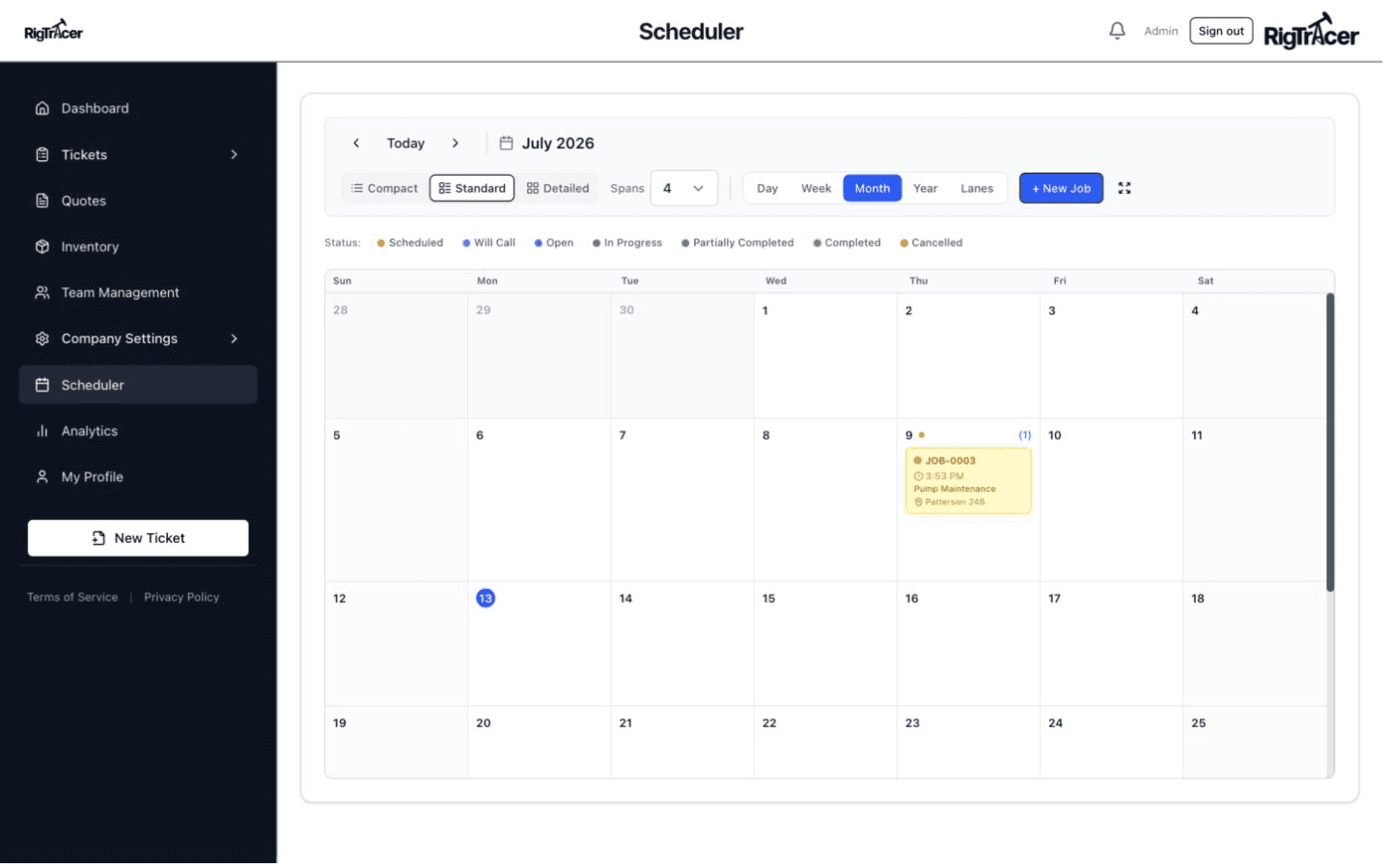 RigTracer web app scheduler showing field service jobs arranged across a dispatch calendar