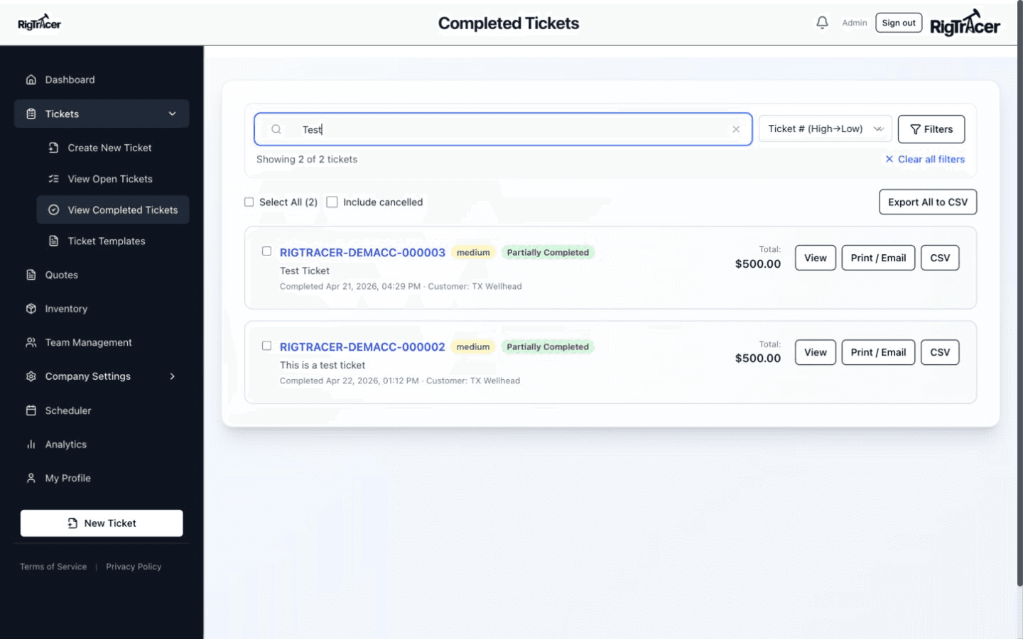 RigTracer web app completed tickets view filtered to two service records, with search, sort, and export controls