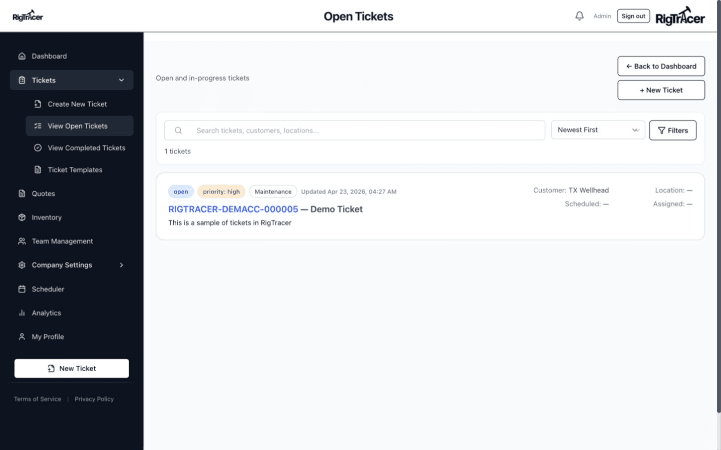 RigTracer web app open tickets view with searchable field-service records and their current statuses
